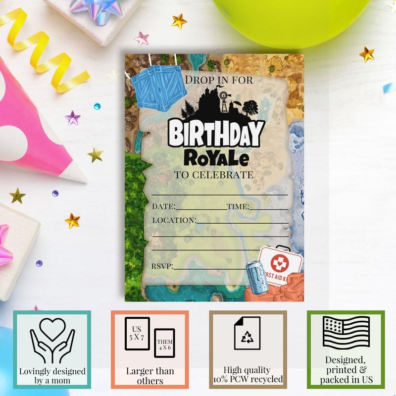 Amanda Creation Fort Battle Video Gaming Birthday Party Invitations, 20 5x7 Fill In Cards with Twenty White Envelopes by AmandaCreation Video Gaming Party Supplies - Image 3